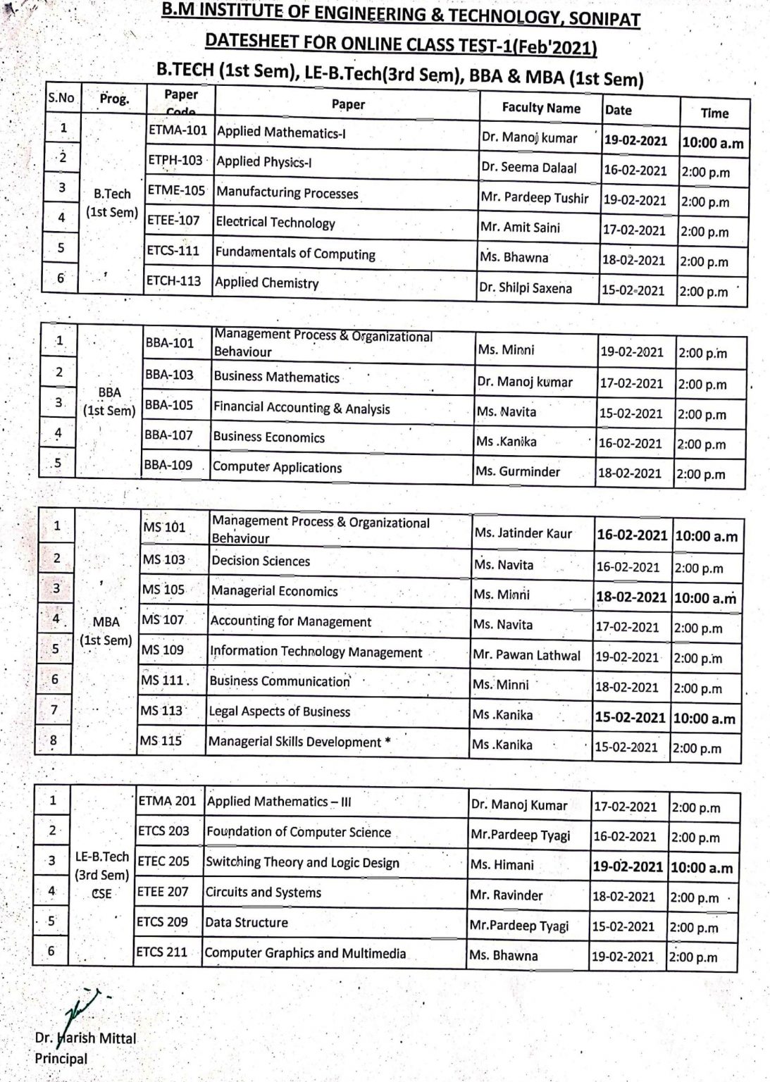 Mid-Term Exam Datesheet – B. M. Institute Of Engineering And Technology ...